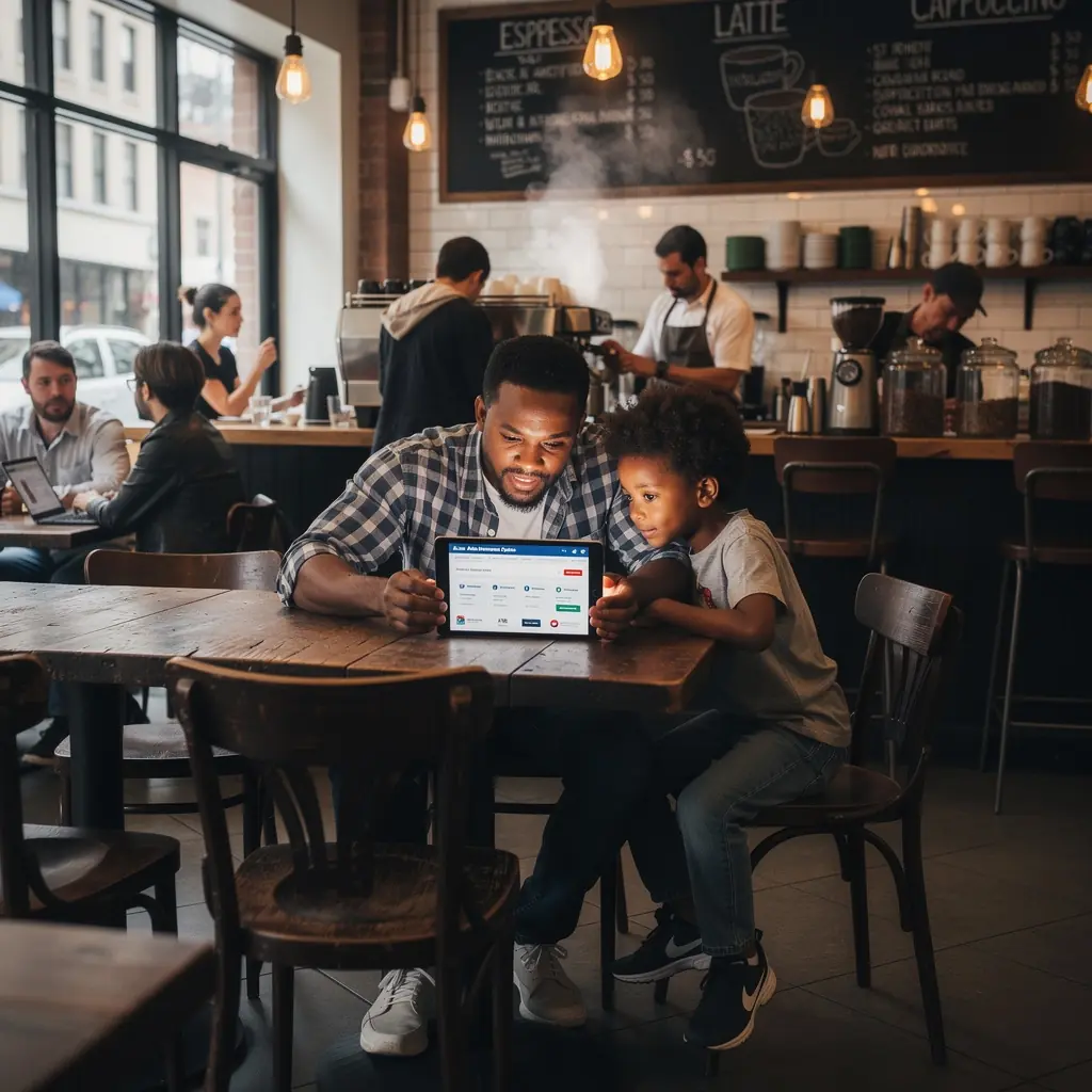 Rodzina siedząca w salonie, szukająca najlepszego ubezpieczenia samochodowego przez internet.