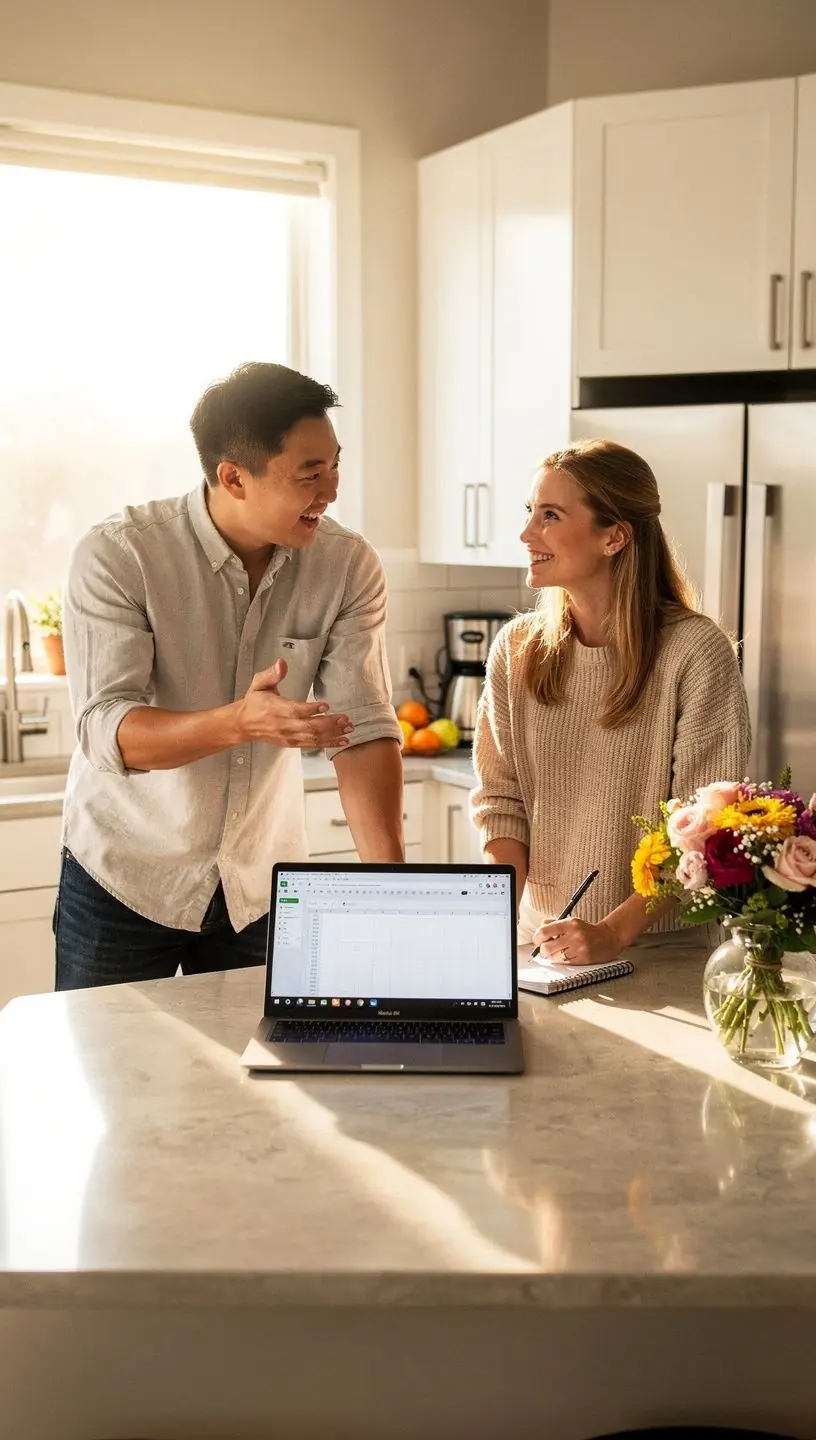 Rodzina zadowolona z zakupu ubezpieczenia samochodowego przy stole.