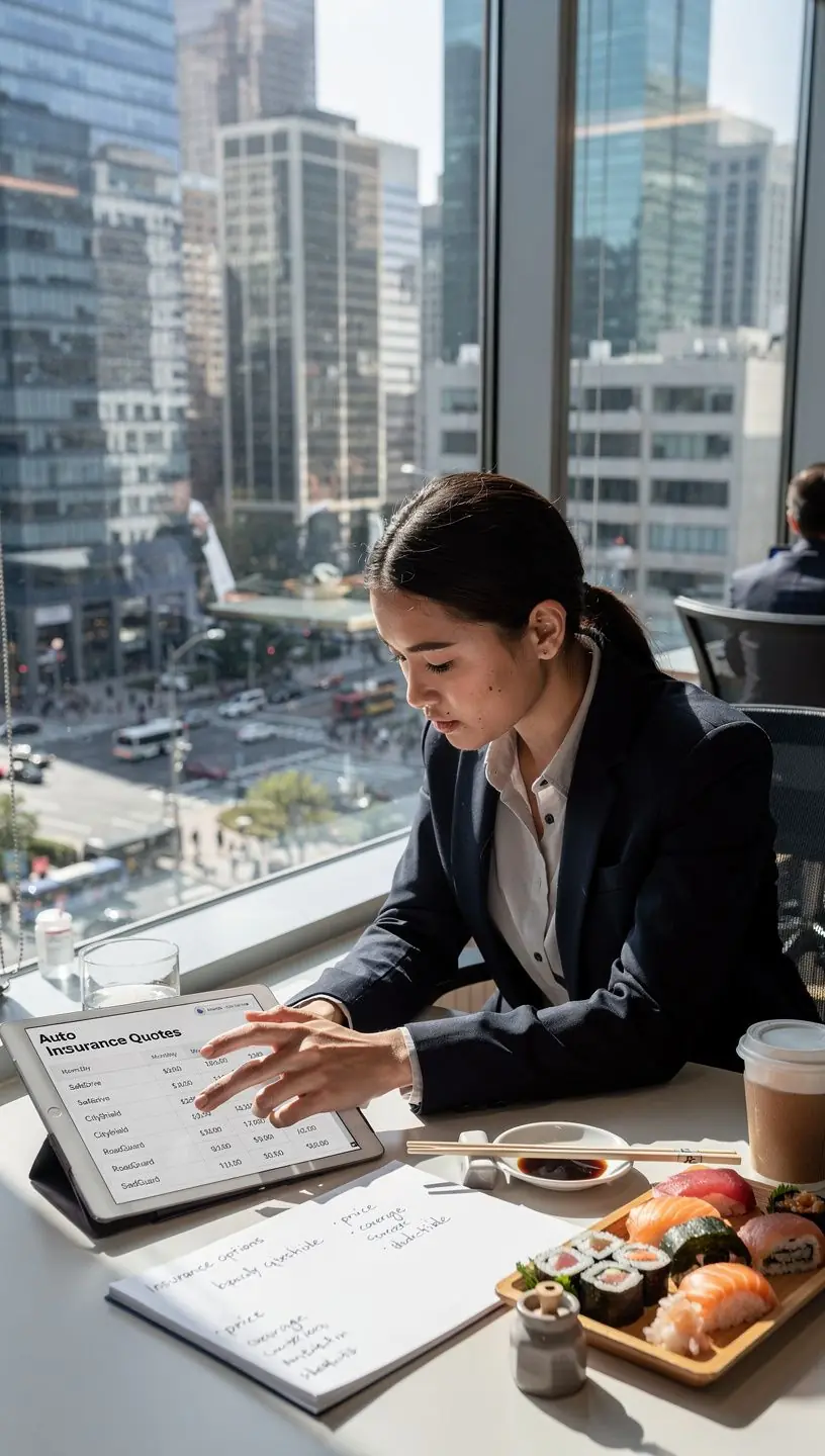 Kobieta rozmawiająca przez telefon, porównująca ceny ubezpieczeń.